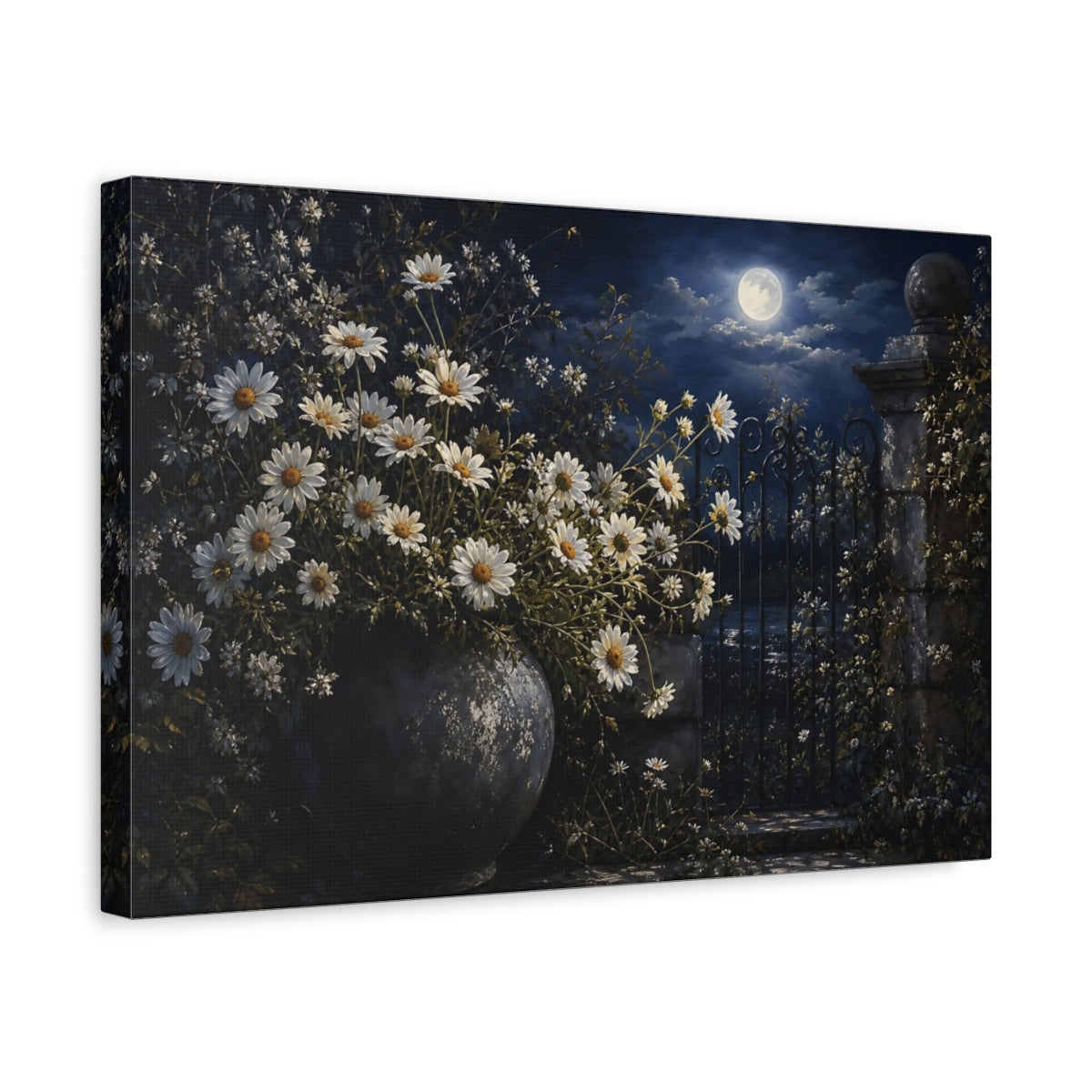 Side Mockup 4. Nature Daisies Moonlit Daisies shown as stretched canvas wall art