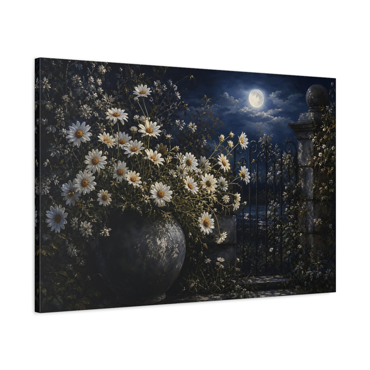 Main Mockup. Nature Daisies Moonlit Daisies shown as stretched canvas wall art