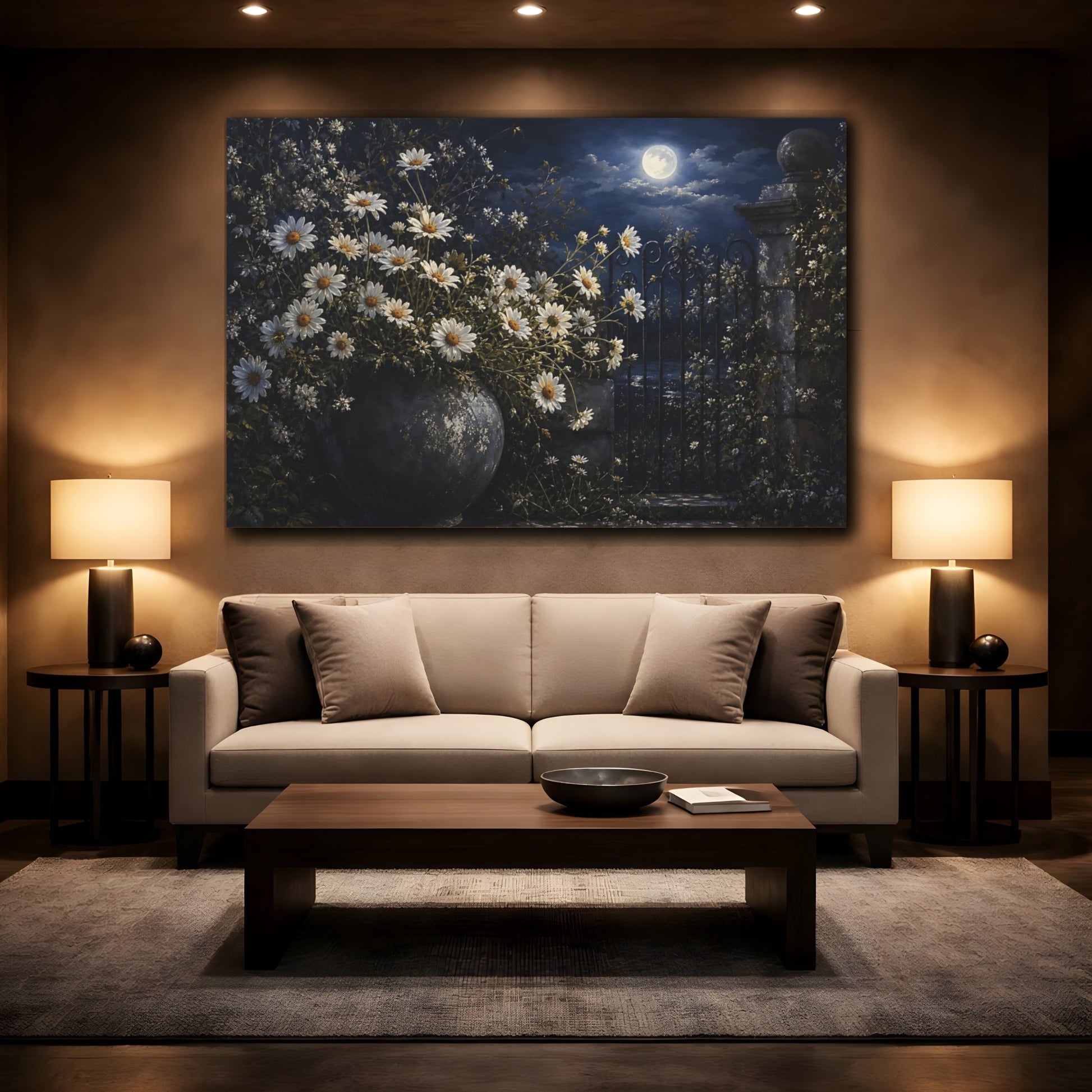 Mockup 2. Nature Daisies Moonlit Daisies shown as stretched canvas wall art