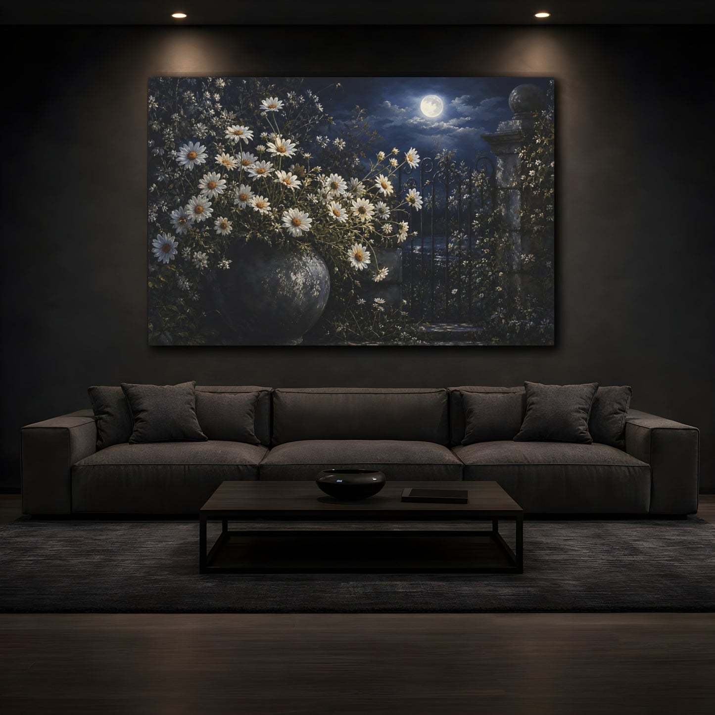 Mockup 3. Nature Daisies Moonlit Daisies shown as stretched canvas wall art