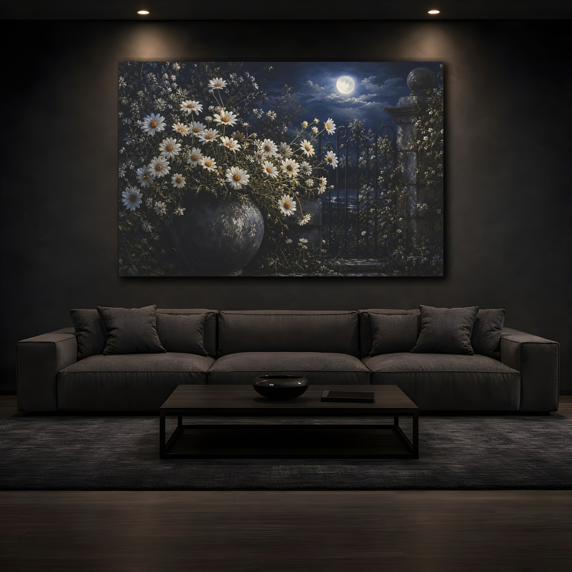 Mockup 3. Nature Daisies Moonlit Daisies shown as stretched canvas wall art