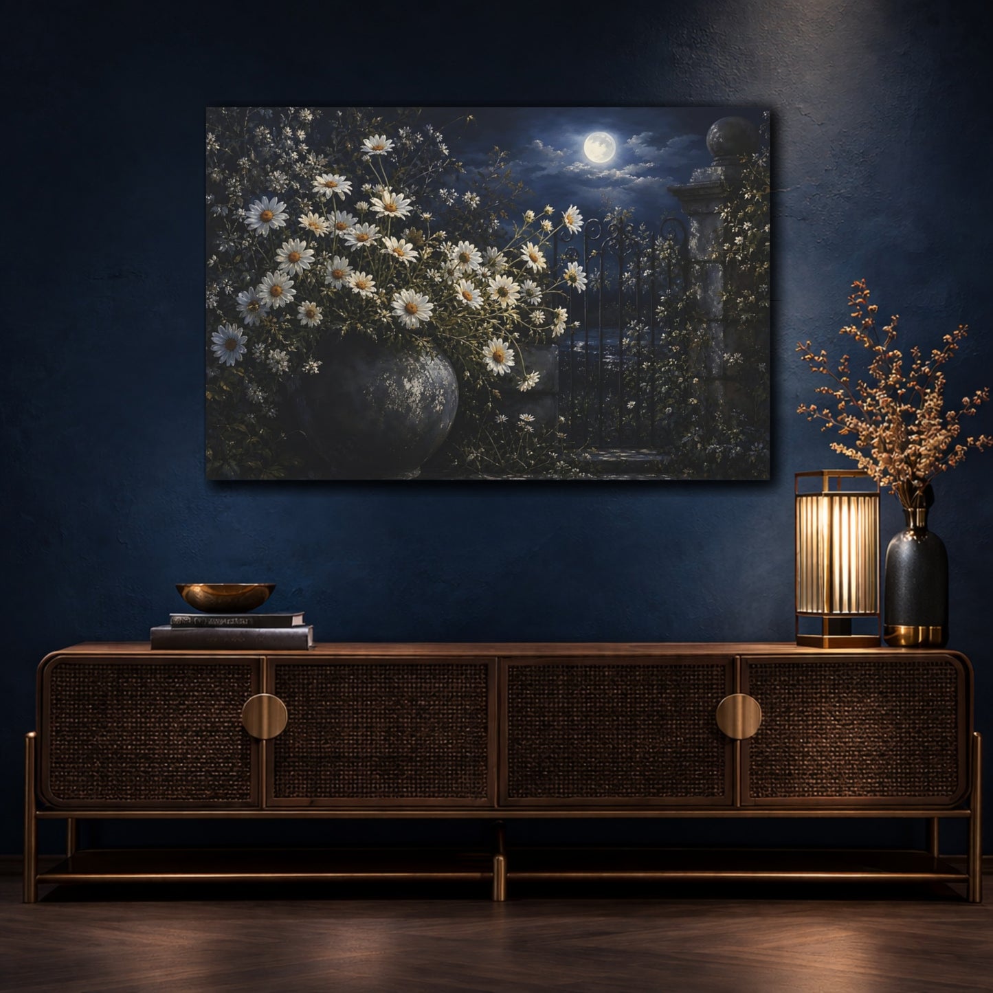 Mockup 4. Nature Daisies Moonlit Daisies shown as stretched canvas wall art