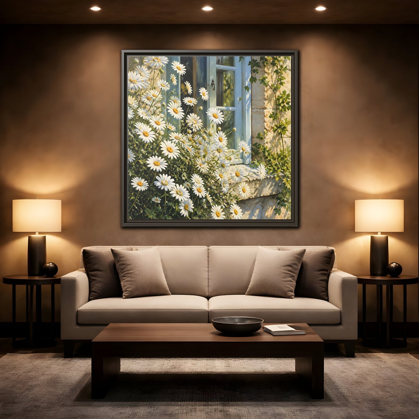 Mockup 2. Nature Daisies White Daisies shown as stretched canvas wall art