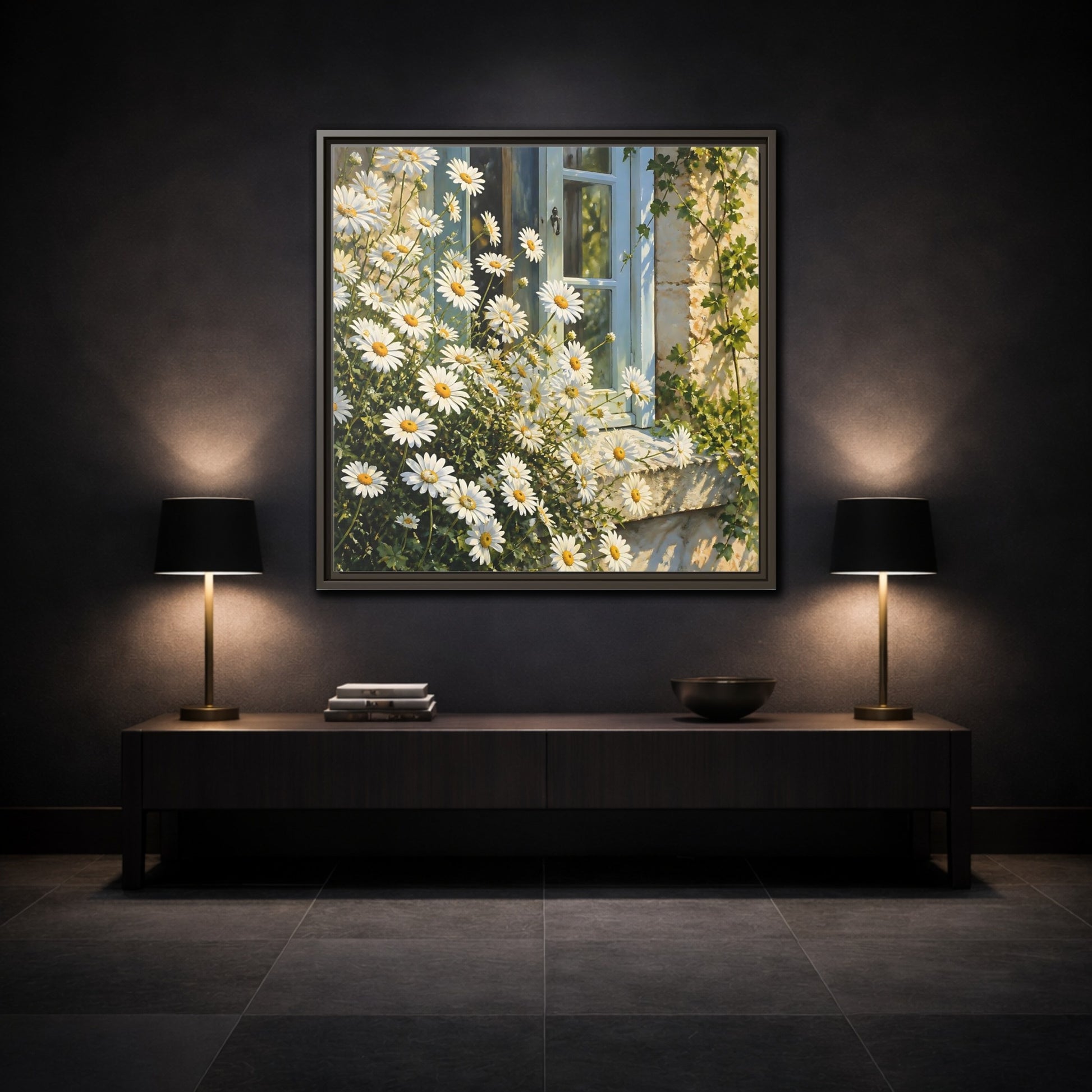 Mockup 3. Nature Daisies White Daisies shown as stretched canvas wall art