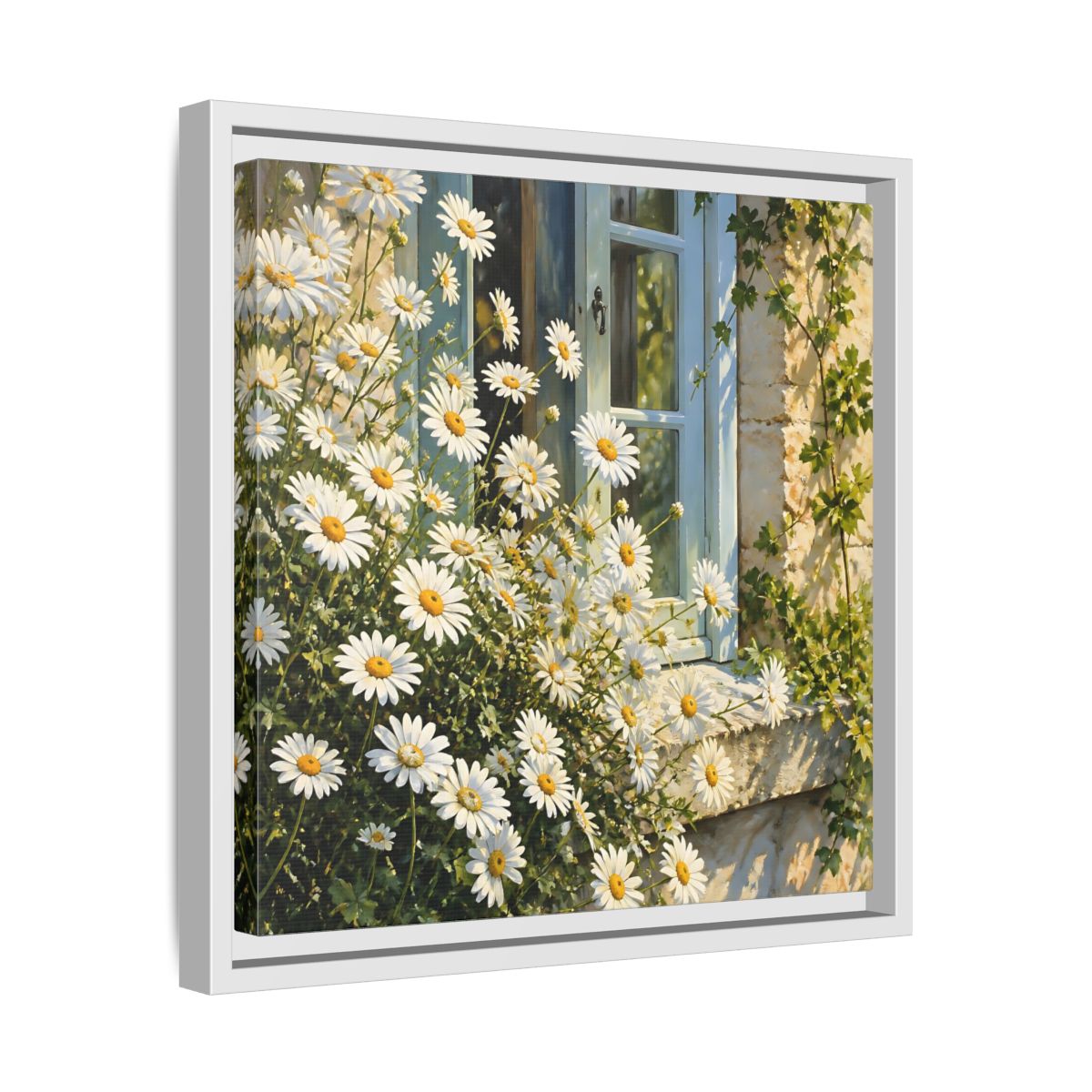 Side Mockup 28. Nature Daisies White Daisies shown as stretched canvas wall art