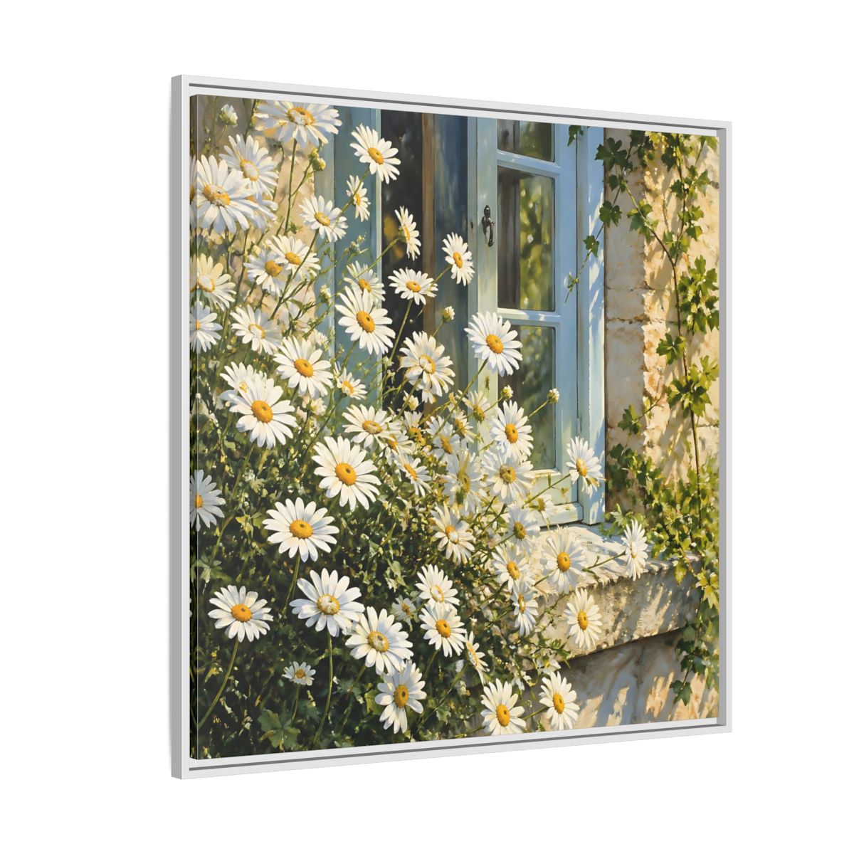Side Mockup 4. Nature Daisies White Daisies shown as stretched canvas wall art