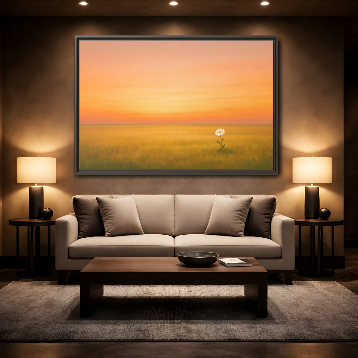 Mockup 2. Nature Daisy Orange Sky Daisy shown as stretched canvas wall art