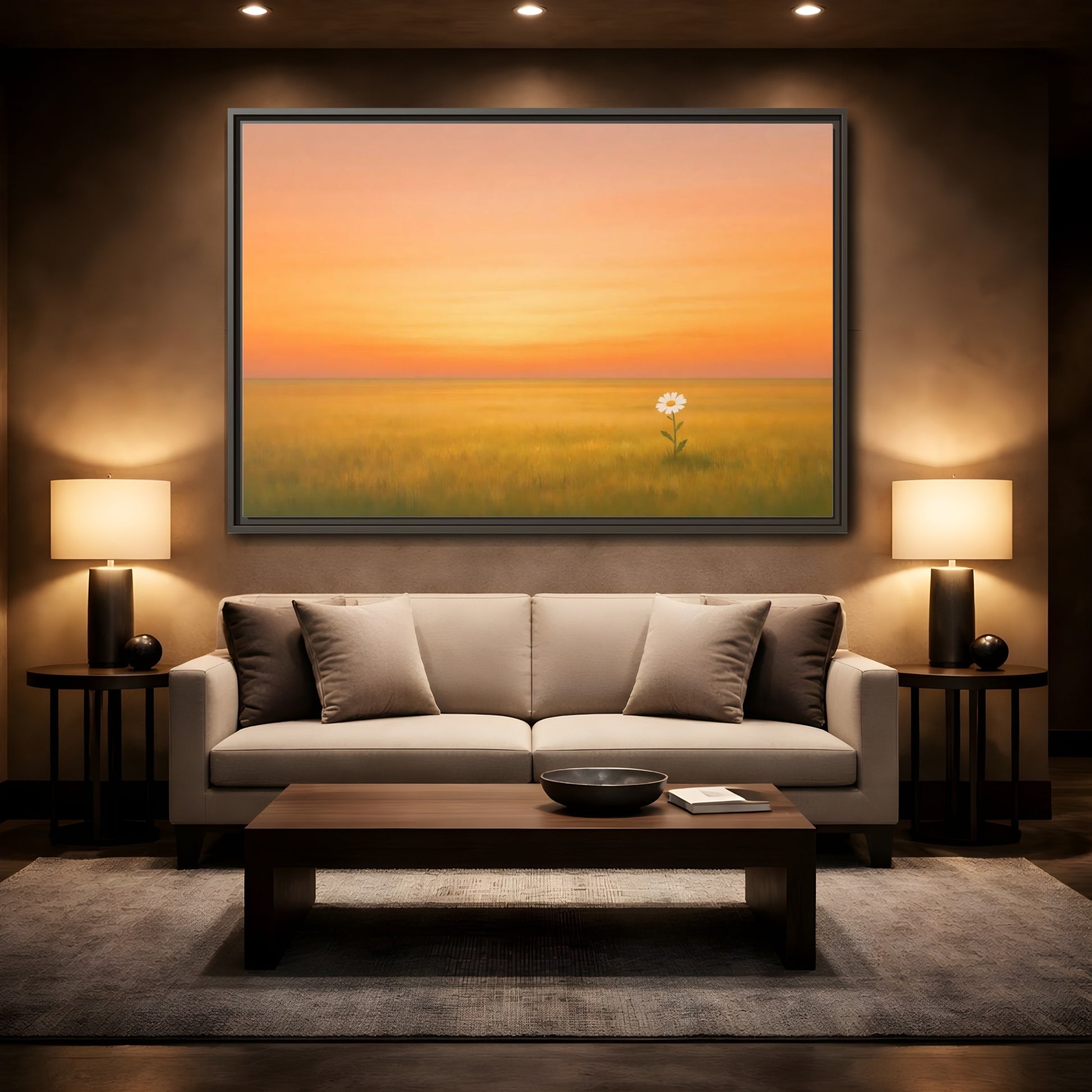 Mockup 2. Nature Daisy Orange Sky Daisy shown as stretched canvas wall art