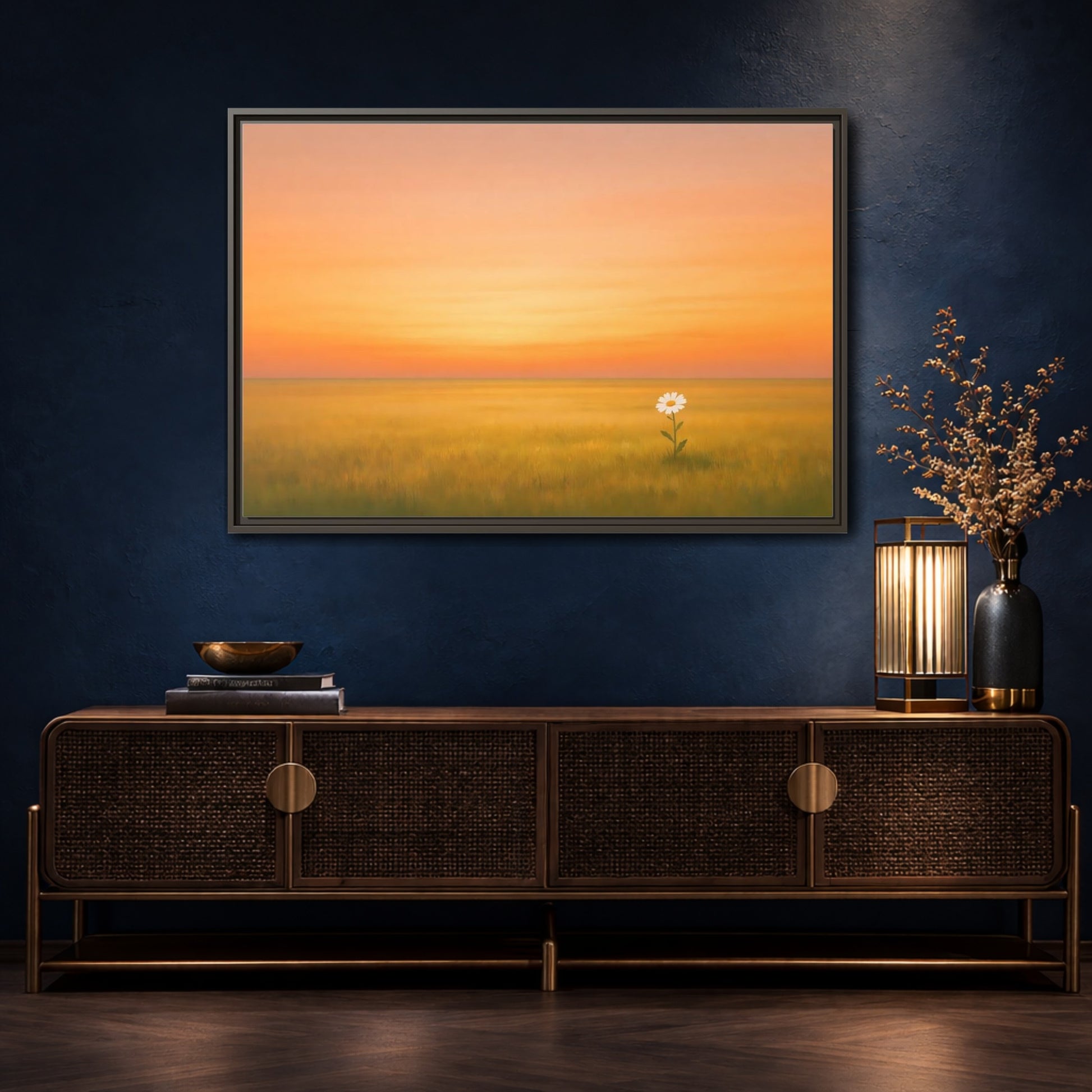 Mockup 4. Nature Daisy Orange Sky Daisy shown as stretched canvas wall art