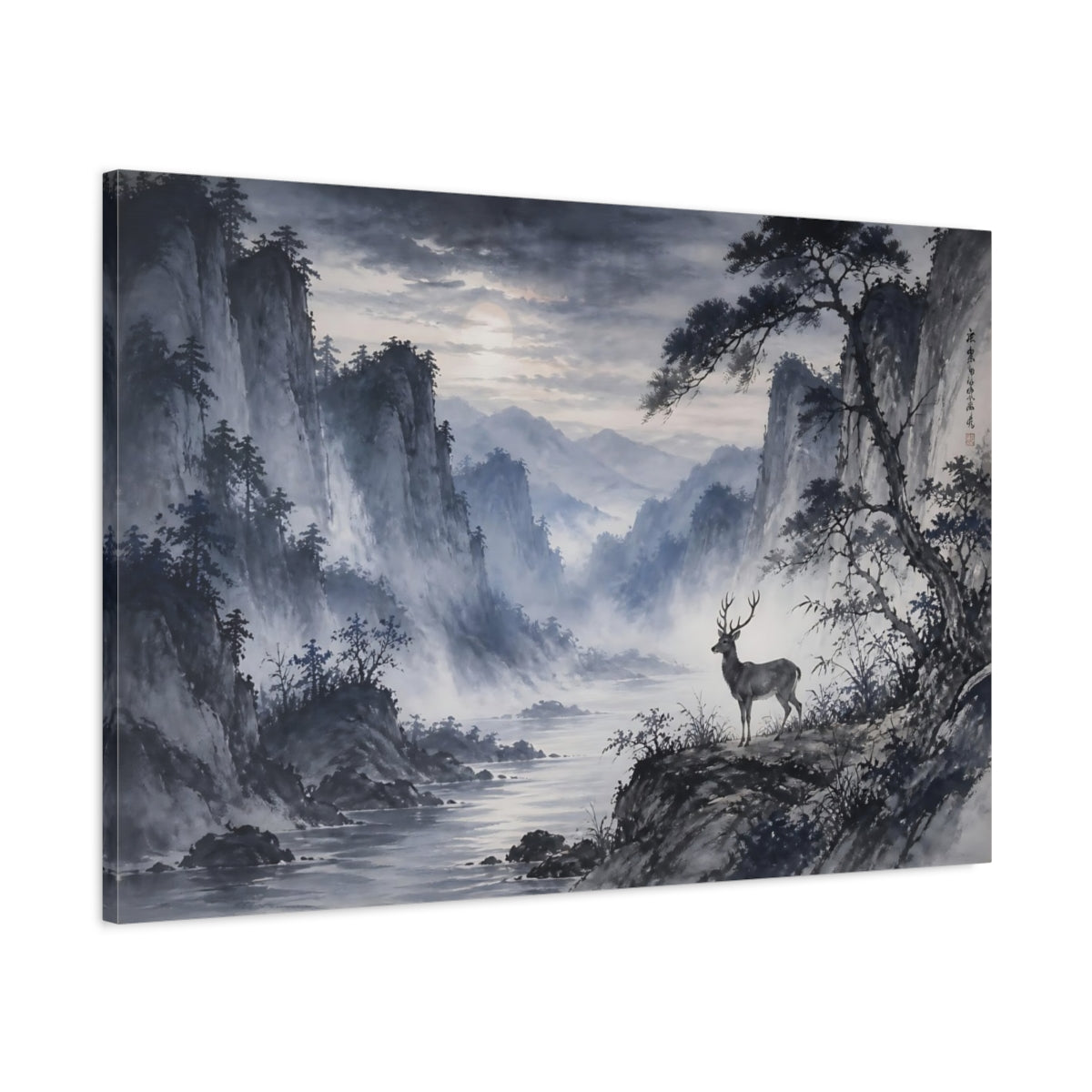 Main Mockup. Nature Deer Blue Grey Landscape shown as stretched canvas wall art