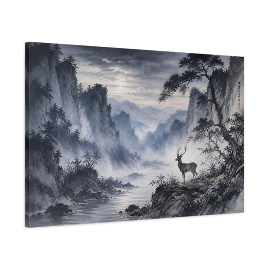 Main Mockup. Nature Deer Blue Grey Landscape shown as stretched canvas wall art