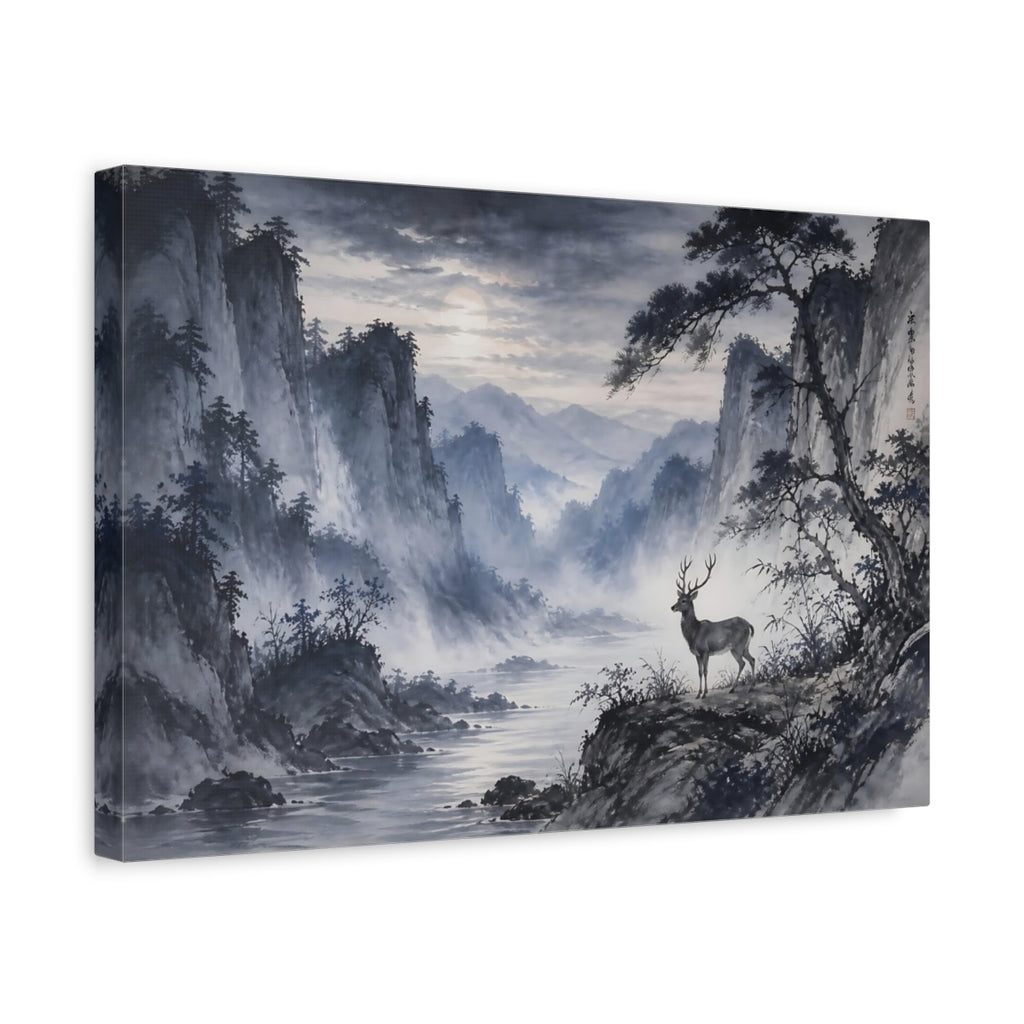 Side Mockup 4. Nature Deer Blue Grey Landscape shown as stretched canvas wall art