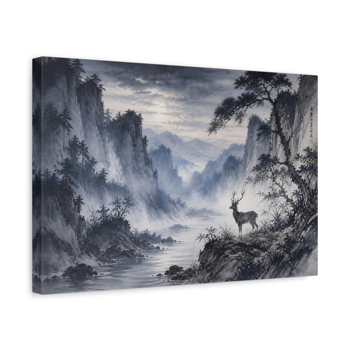 Side Mockup 4. Nature Deer Blue Grey Landscape shown as stretched canvas wall art