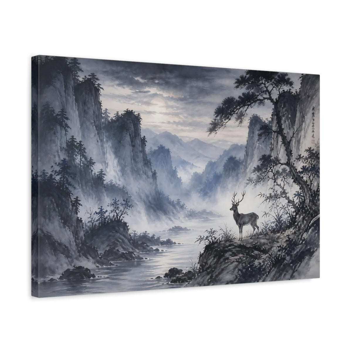 Side Mockup 3. Nature Deer Blue Grey Landscape shown as stretched canvas wall art