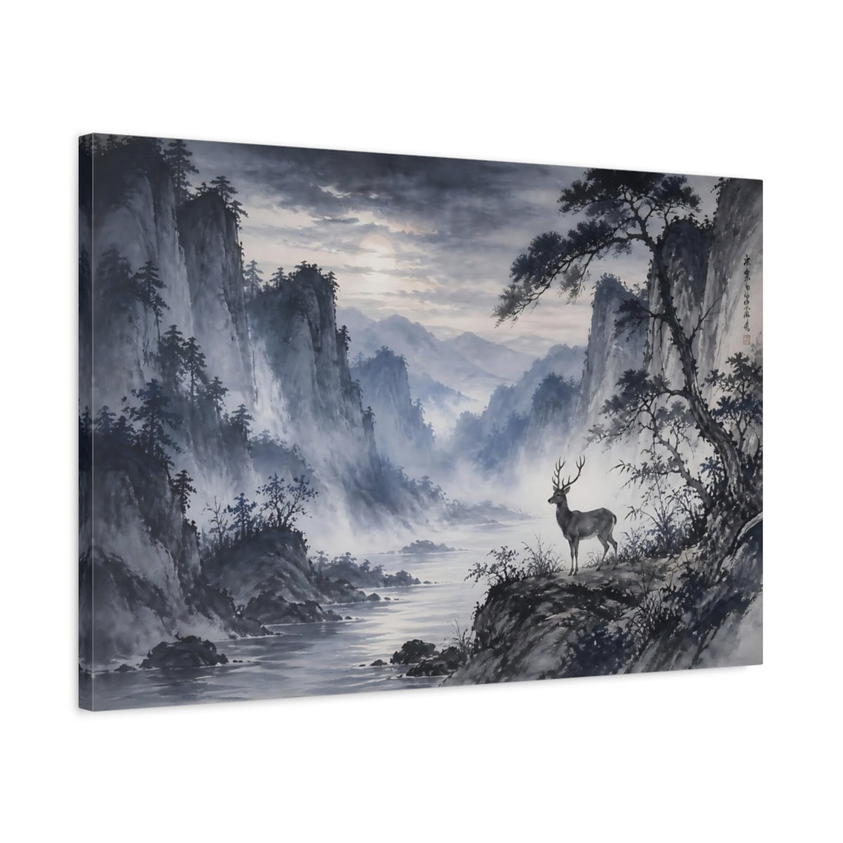 Side Mockup 2. Nature Deer Blue Grey Landscape shown as stretched canvas wall art