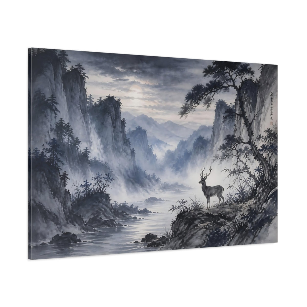 Side Mockup 1. Nature Deer Blue Grey Landscape shown as stretched canvas wall art