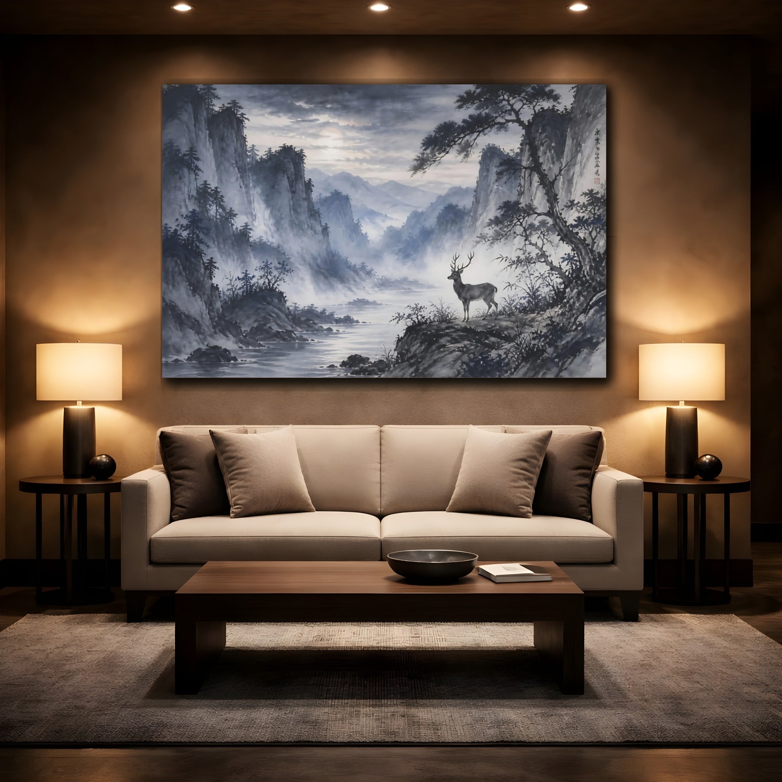 Mockup 2. Nature Deer Blue Grey Landscape shown as stretched canvas wall art