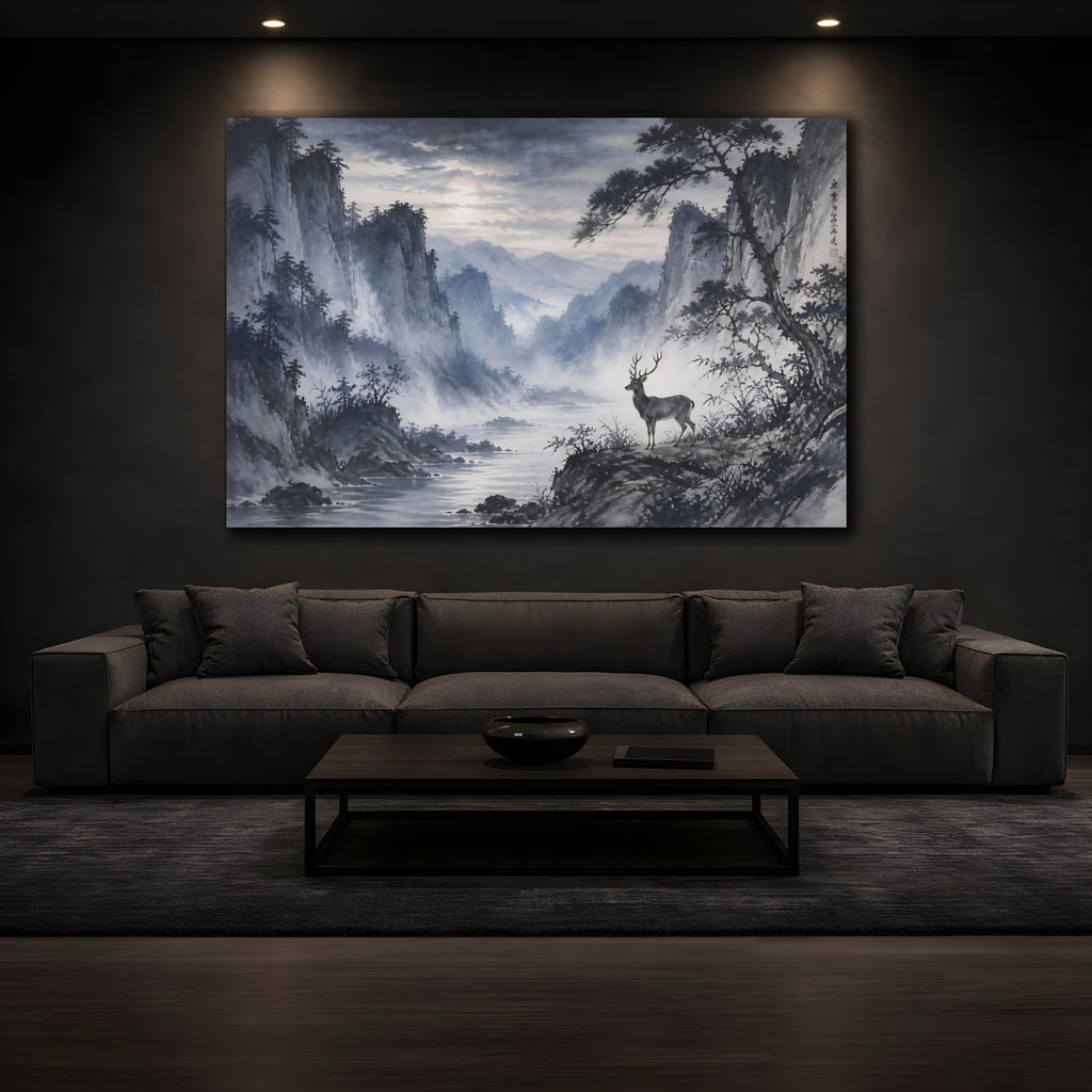 Mockup 3. Nature Deer Blue Grey Landscape shown as stretched canvas wall art
