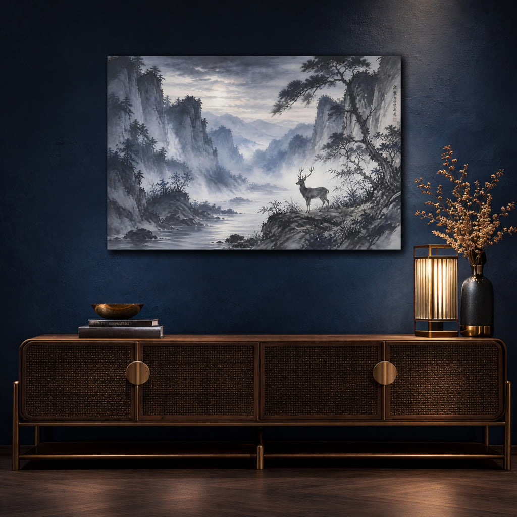 Mockup 4. Nature Deer Blue Grey Landscape shown as stretched canvas wall art