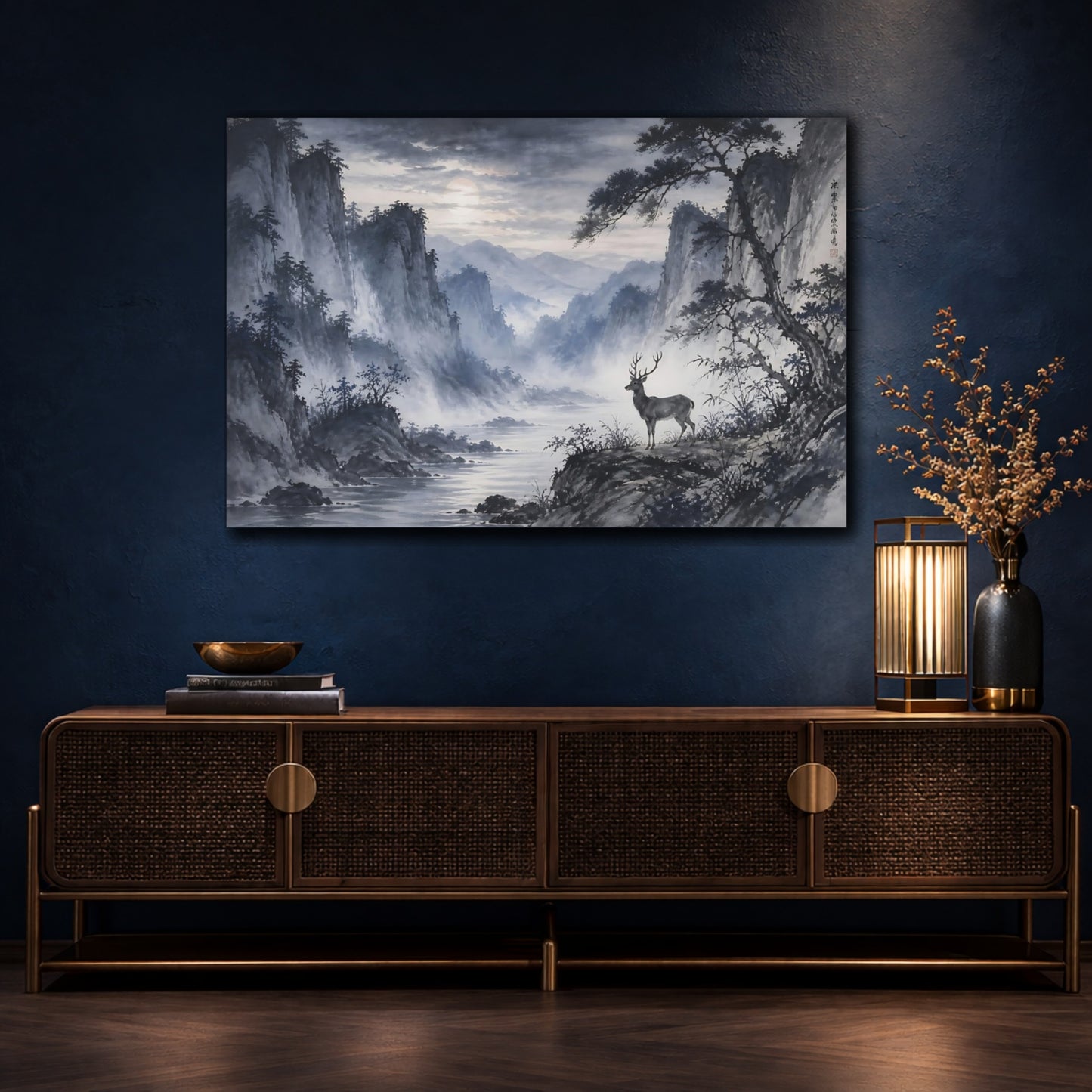 Mockup 4. Nature Deer Blue Grey Landscape shown as stretched canvas wall art
