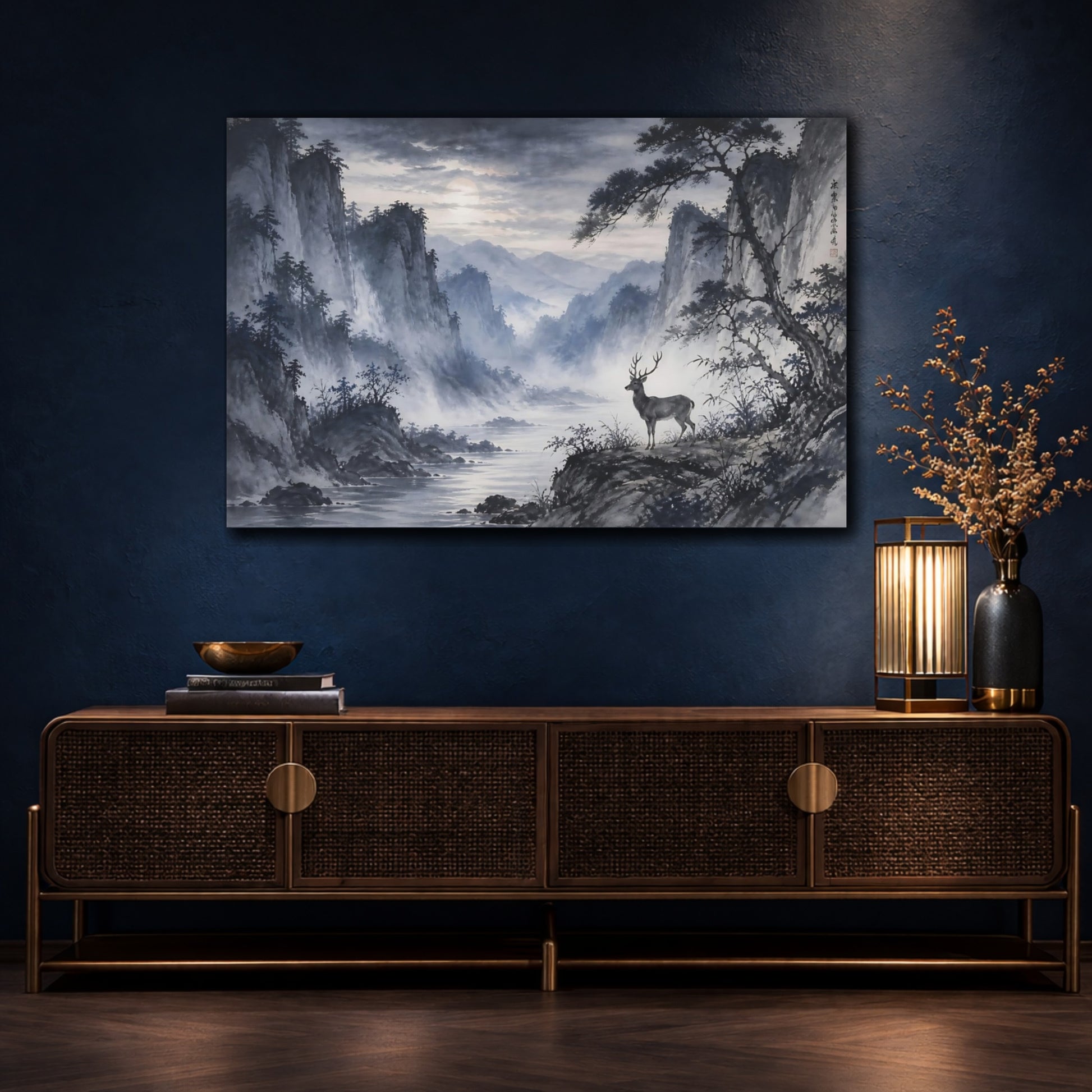 Mockup 4. Nature Deer Blue Grey Landscape shown as stretched canvas wall art
