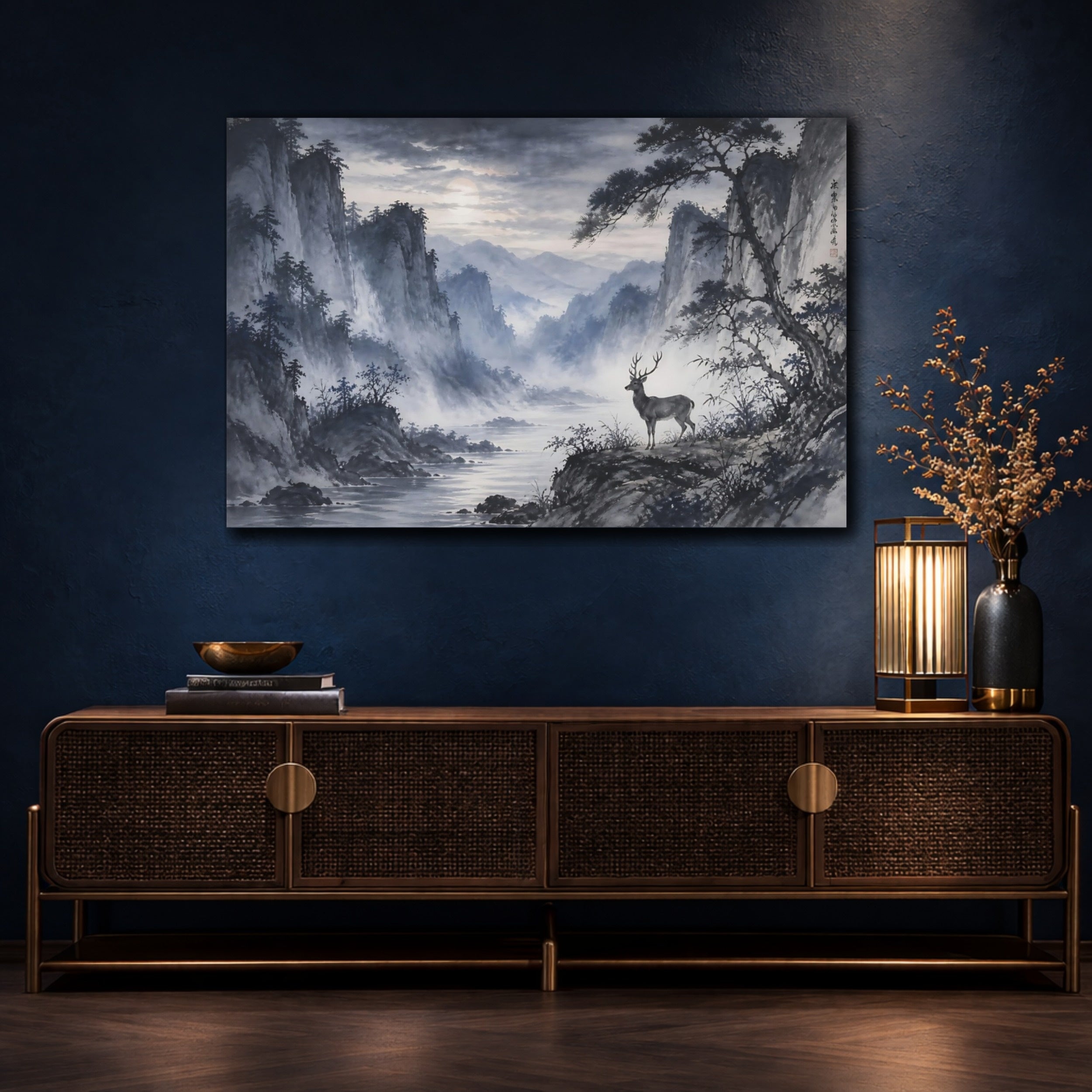 Mockup 4. Nature Deer Blue Grey Landscape shown as stretched canvas wall art