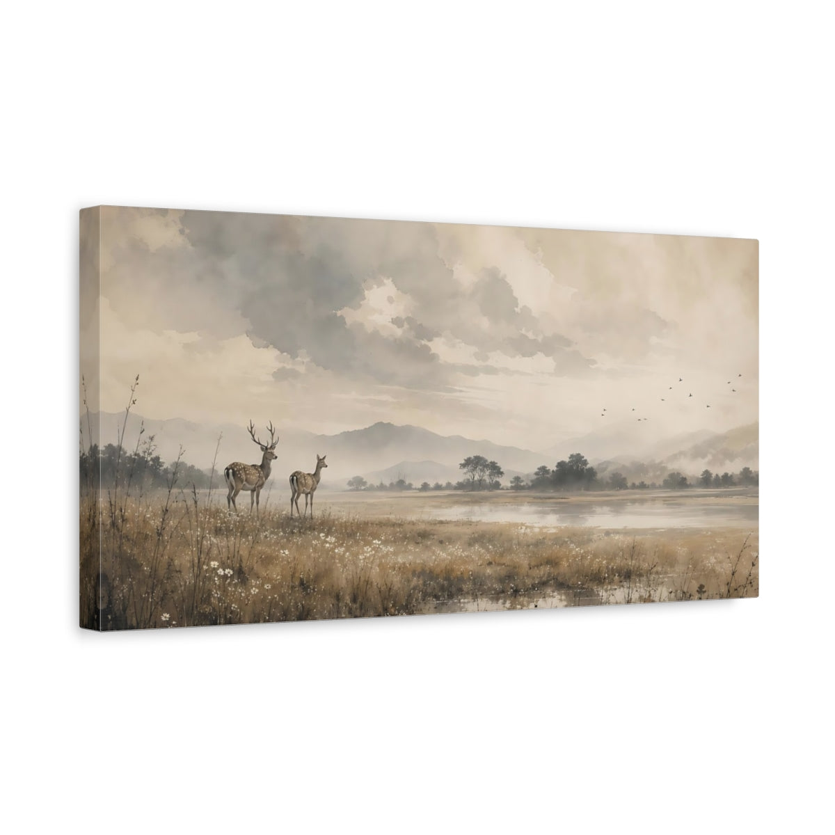 Side Mockup 3. Nature Deer Brown And Grey shown as stretched canvas wall art