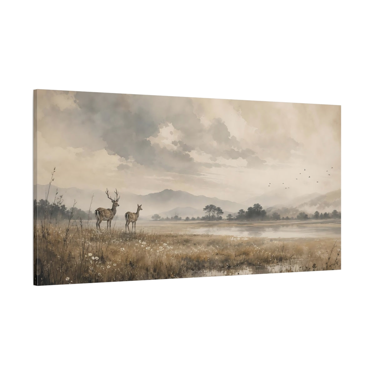 Side Mockup 2. Nature Deer Brown And Grey shown as stretched canvas wall art
