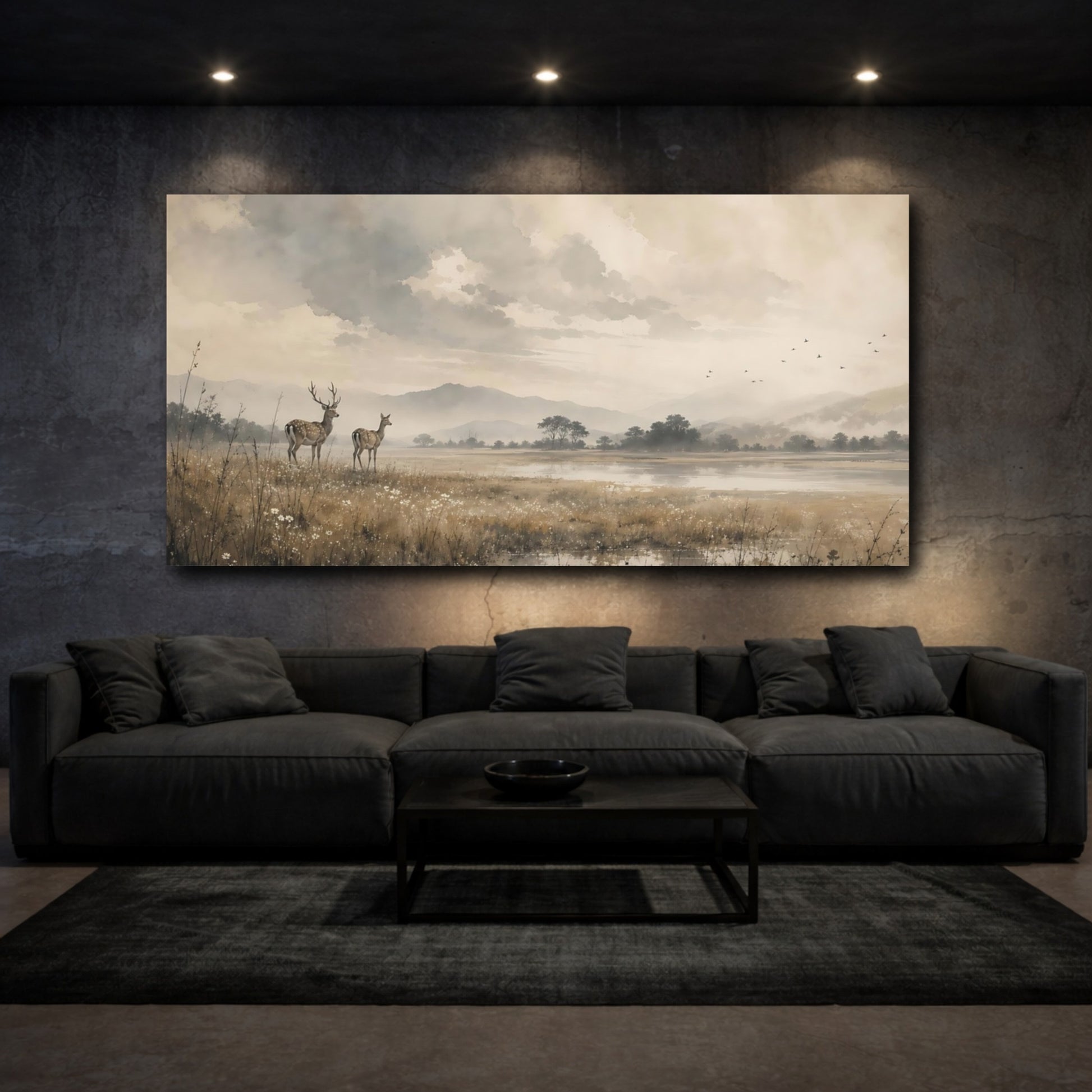 Mockup 3. Nature Deer Brown And Grey shown as stretched canvas wall art