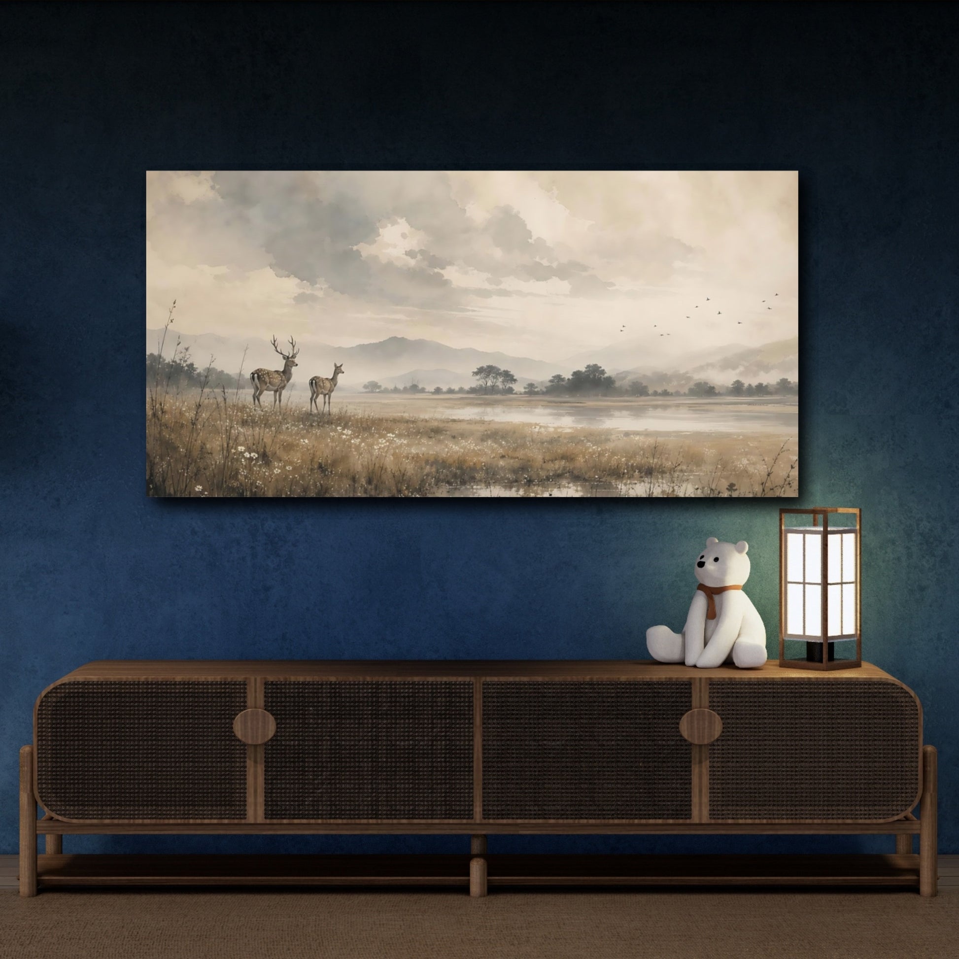 Mockup 4. Nature Deer Brown And Grey shown as stretched canvas wall art