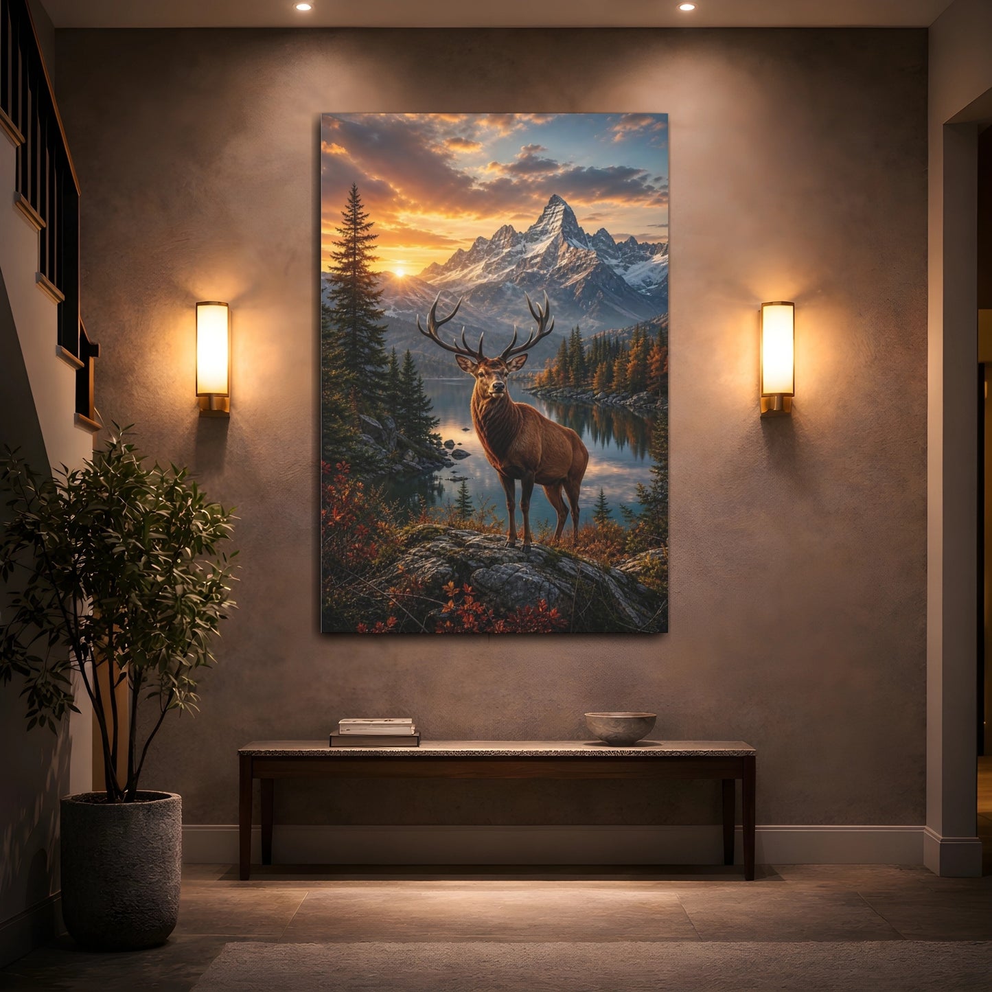 Nature Deer Brown and Orange Canvas Wall Art Print - Living Room, Above Sofa shown as canvas wall art