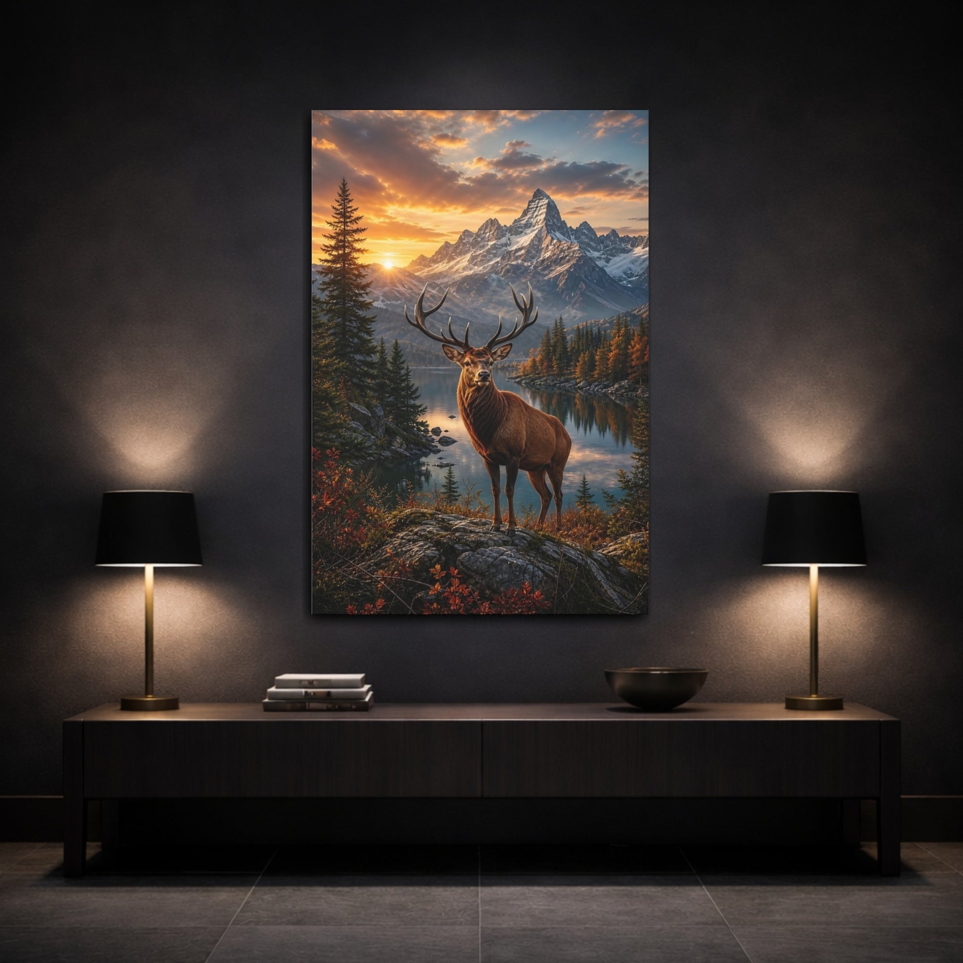 Nature Deer Brown and Orange Canvas Wall Art Print - Living Room, Above Sofa shown as canvas wall art