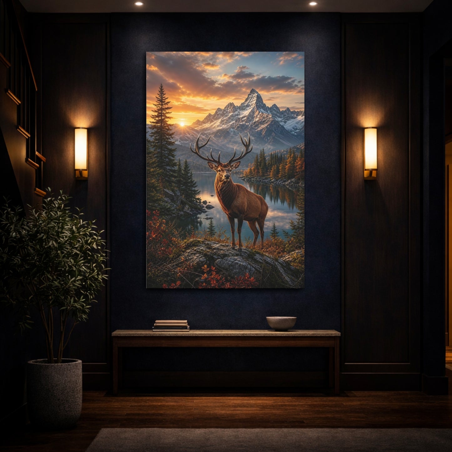 Nature Deer Brown and Orange Canvas Wall Art Print - Living Room, Above Sofa shown as canvas wall art