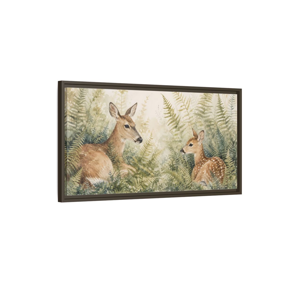 Main Mockup. Nature Deer Brown Green Wildlife shown as stretched canvas wall art