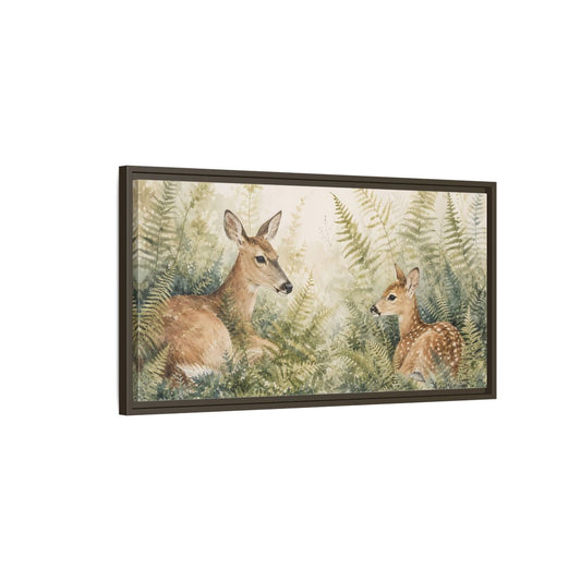Main Mockup. Nature Deer Brown Green Wildlife shown as stretched canvas wall art