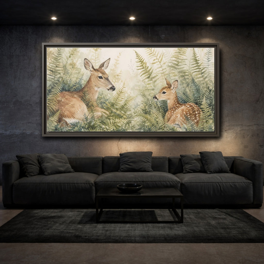Mockup 2. Nature Deer Brown Green Wildlife shown as stretched canvas wall art