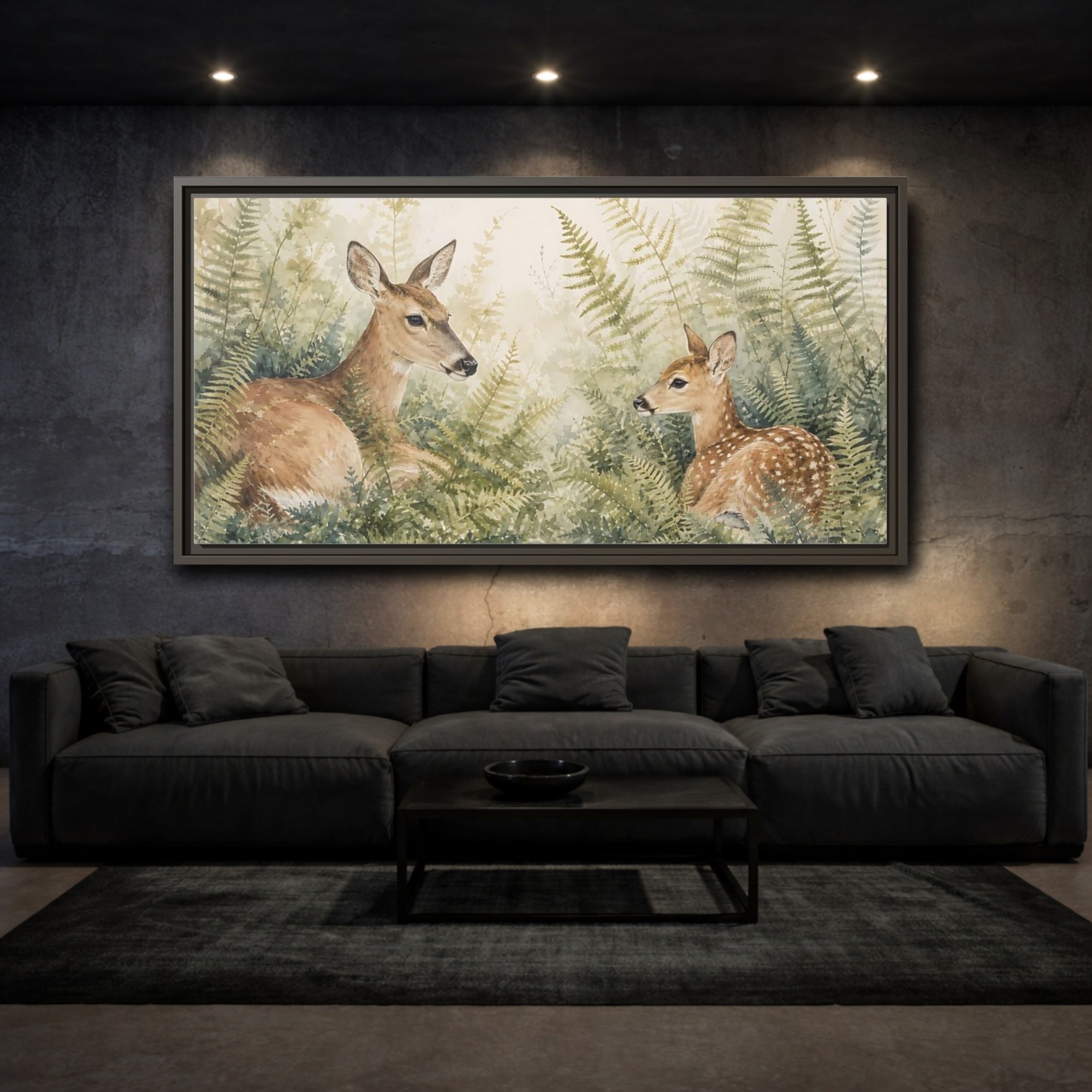 Mockup 2. Nature Deer Brown Green Wildlife shown as stretched canvas wall art