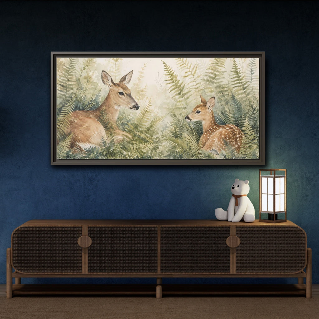 Mockup 4. Nature Deer Brown Green Wildlife shown as stretched canvas wall art