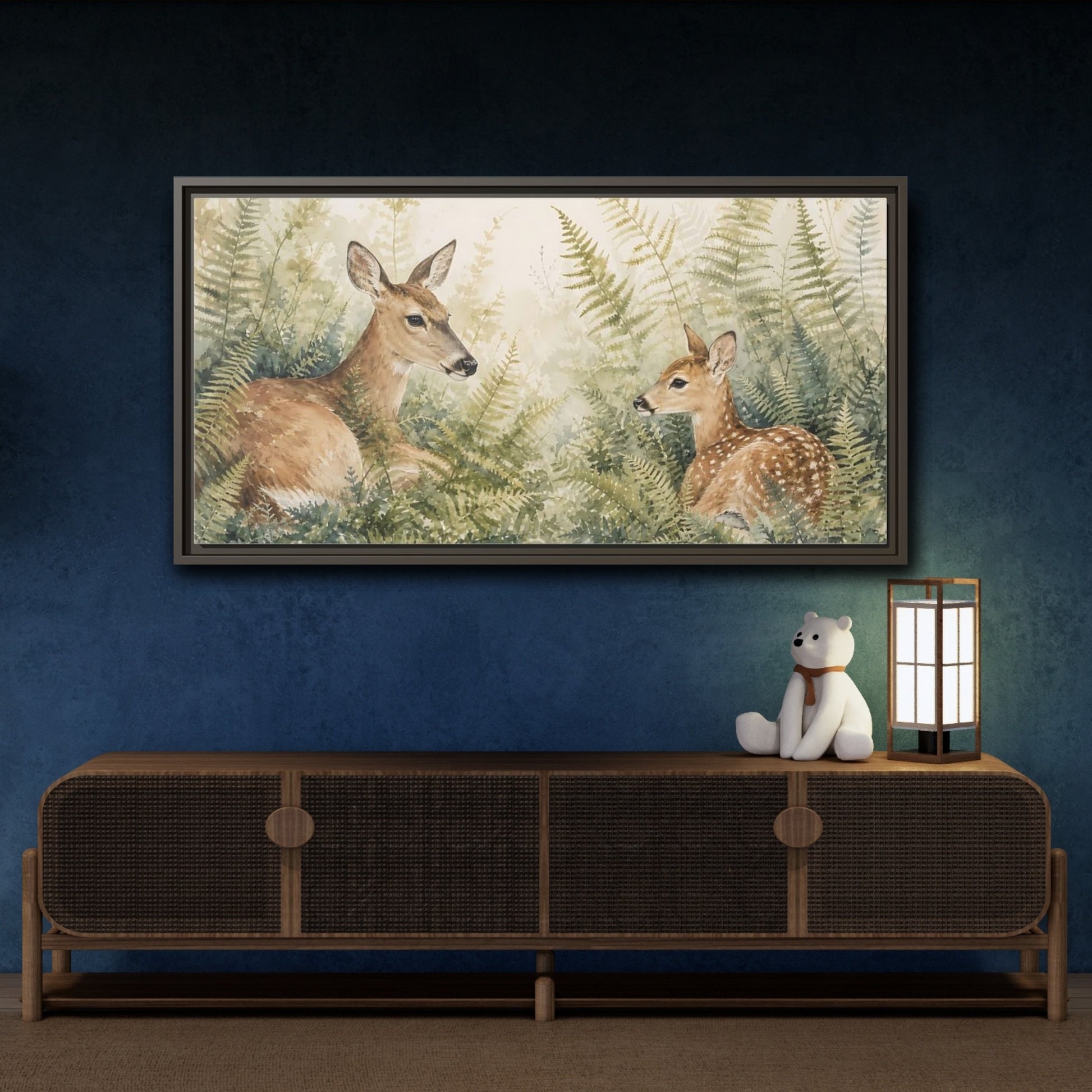 Mockup 4. Nature Deer Brown Green Wildlife shown as stretched canvas wall art