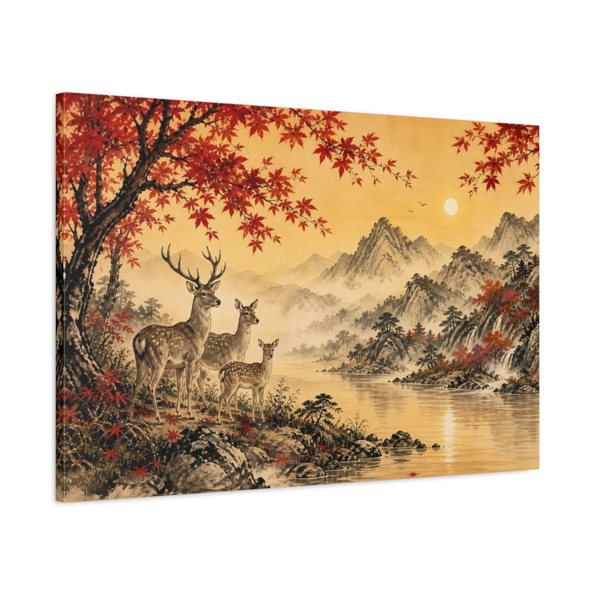 Main Mockup. Nature Deer Family Autumn Landscape shown as stretched canvas wall art