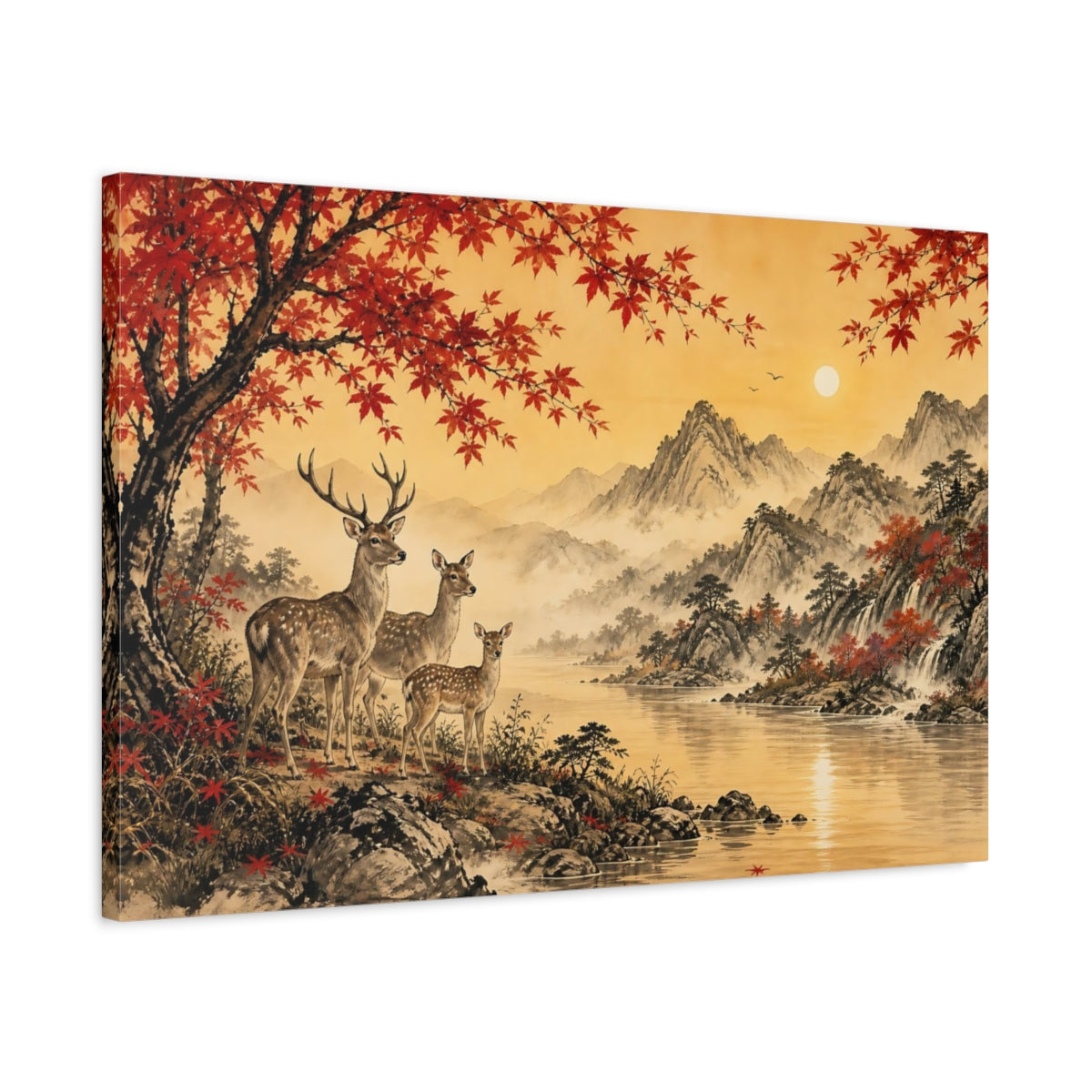 Side Mockup 2. Nature Deer Family Autumn Landscape shown as stretched canvas wall art