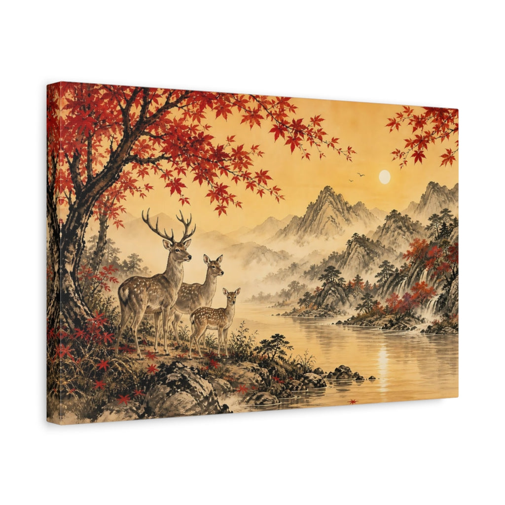 Side Mockup 4. Nature Deer Family Autumn Landscape shown as stretched canvas wall art