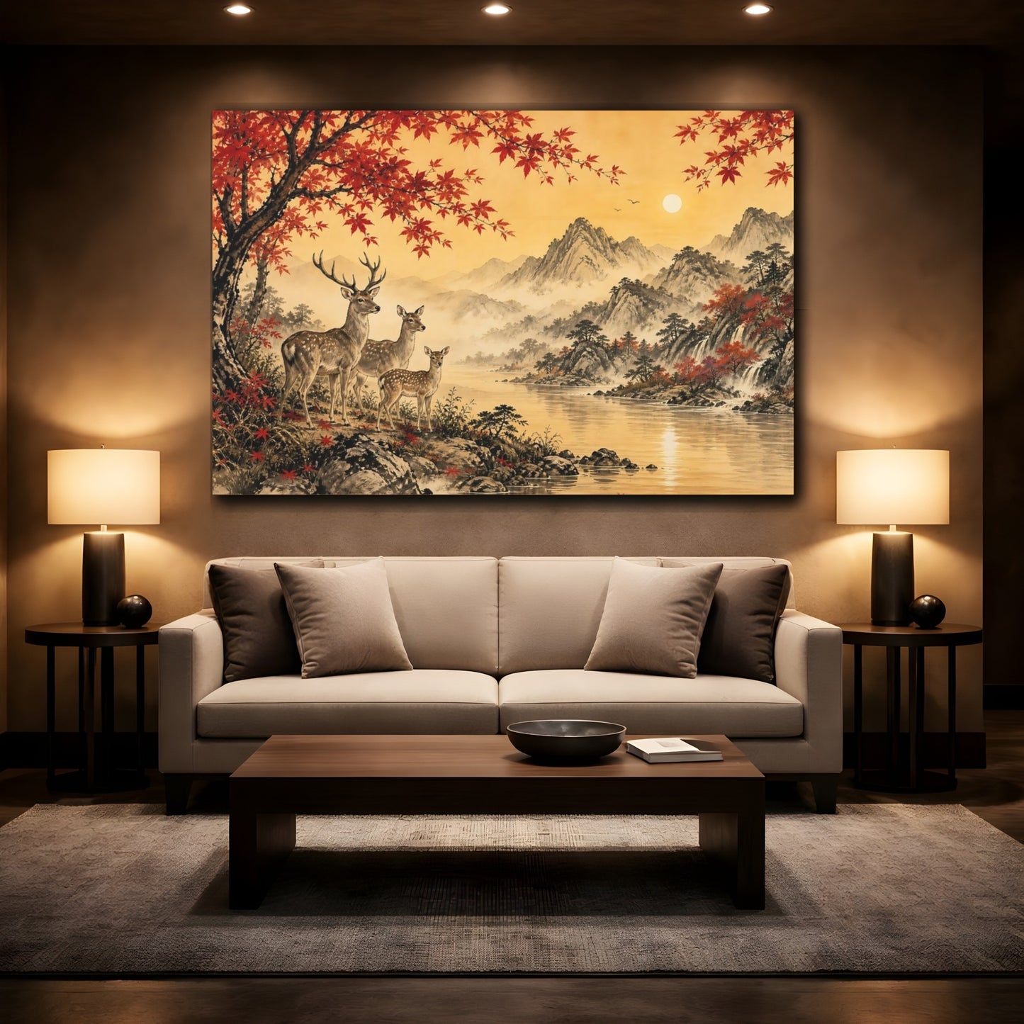 Mockup 2. Nature Deer Family Autumn Landscape shown as stretched canvas wall art