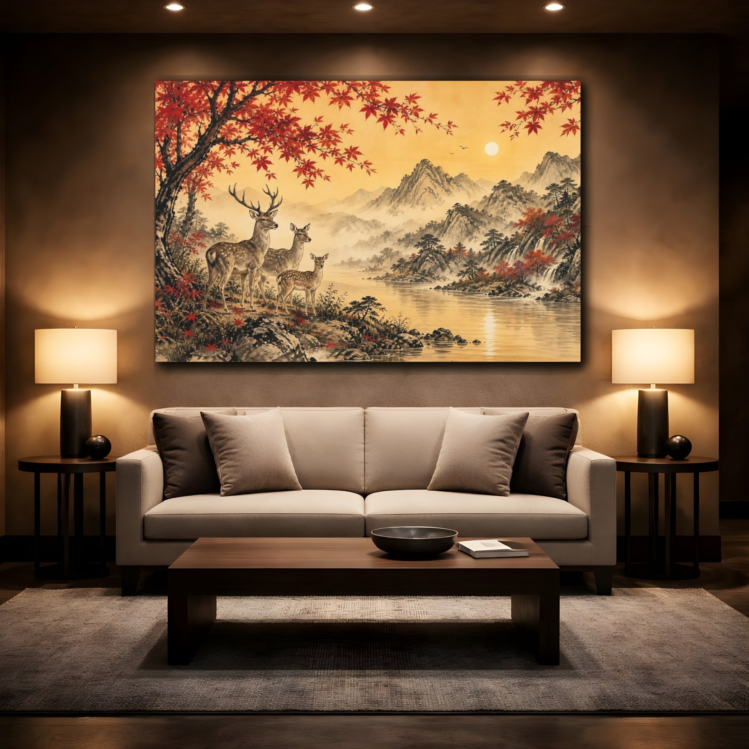 Mockup 2. Nature Deer Family Autumn Landscape shown as stretched canvas wall art