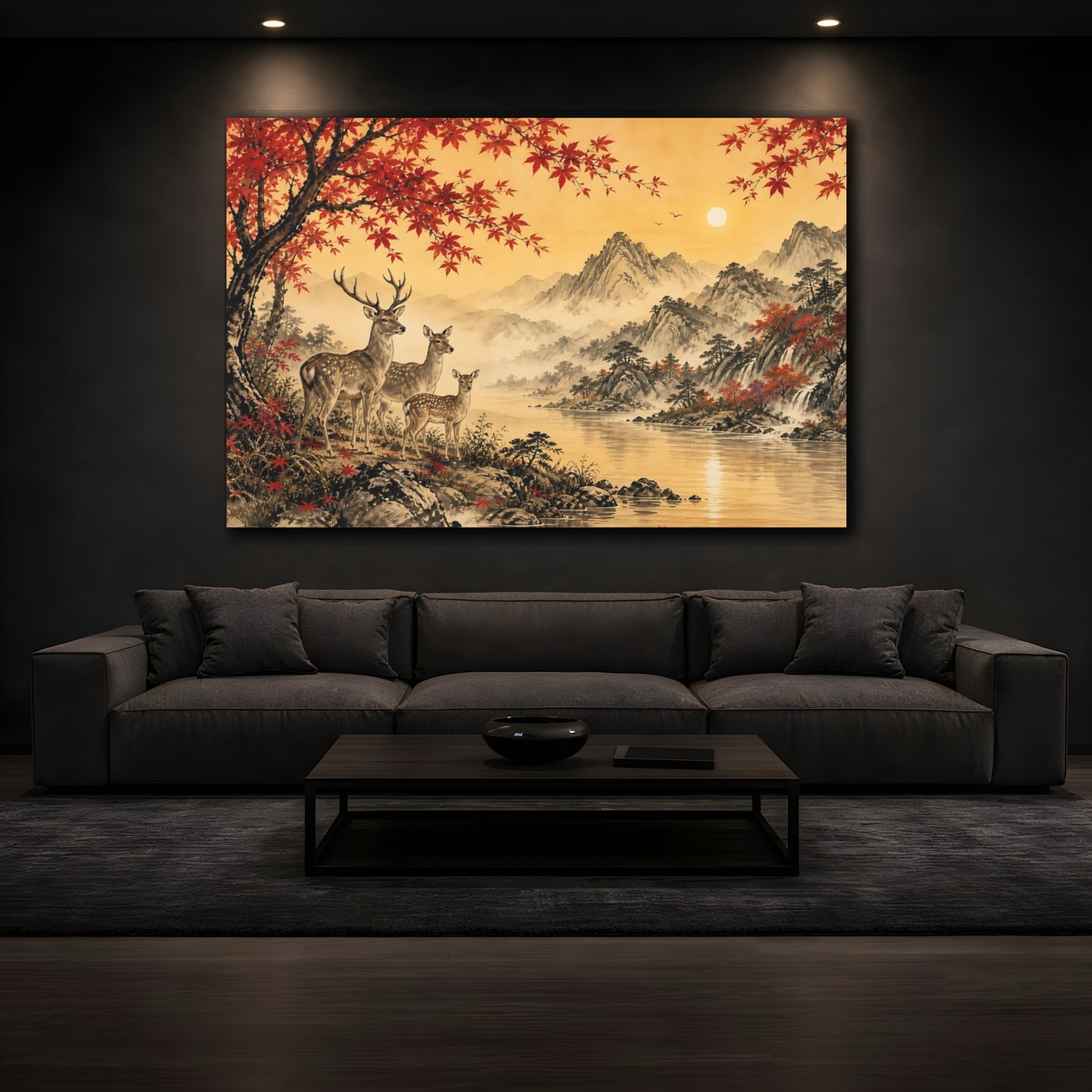 Mockup 3. Nature Deer Family Autumn Landscape shown as stretched canvas wall art