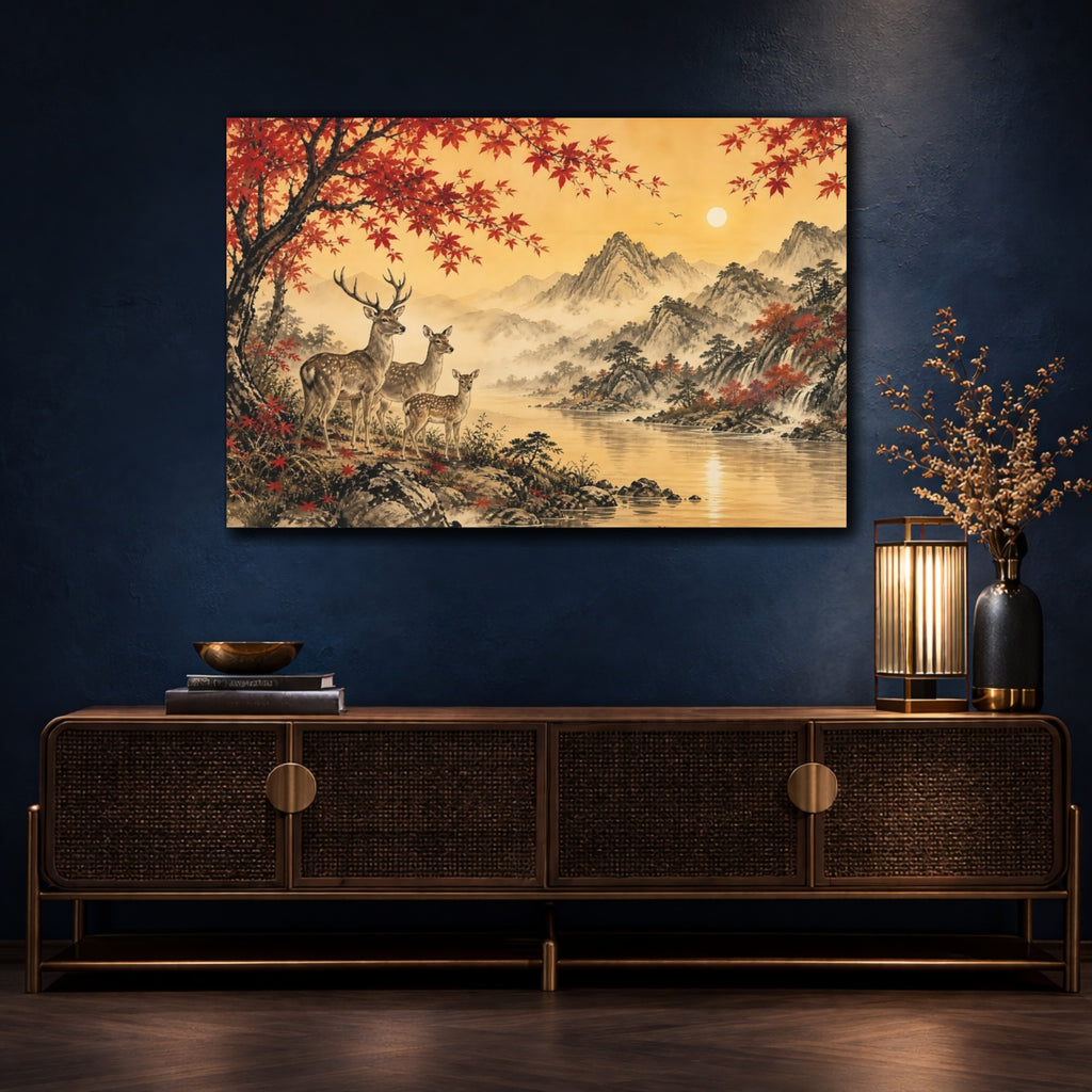 Mockup 4. Nature Deer Family Autumn Landscape shown as stretched canvas wall art