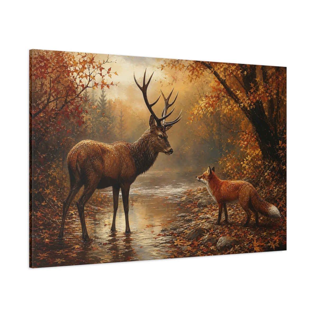 Side Mockup 1. Nature Deer, Fox Autumn Wildlife shown as stretched canvas wall art