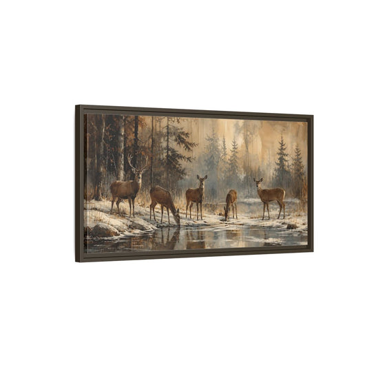 Main Mockup. Nature Deer Winter Deer Forest shown as stretched canvas wall art