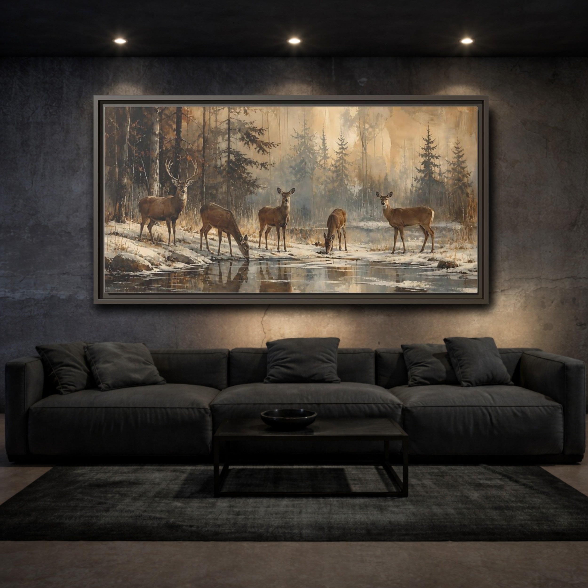 Mockup 2. Nature Deer Winter Deer Forest shown as stretched canvas wall art