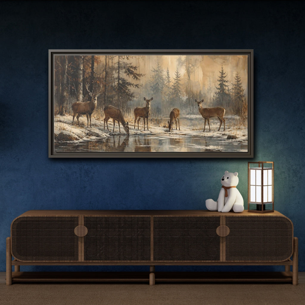 Mockup 4. Nature Deer Winter Deer Forest shown as stretched canvas wall art
